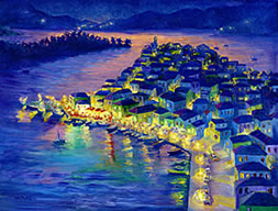 Iridescent Poros,  Greek island contemporary cityscape.  Click to view this painting. Copyright Julia Watkins 2001-2004. All rights reserved.