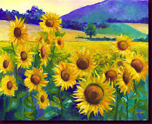 Fleurs de Soleil - flower painting. A brilliant contemporary sunflower painting including bright french landscapes. 